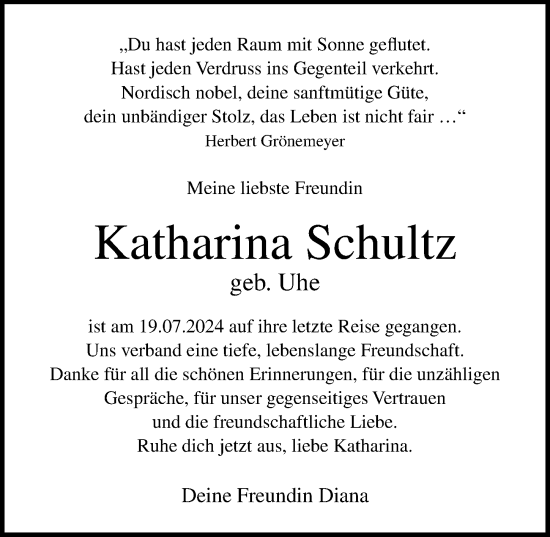 Traueranzeige von Katharina Schultz von Ostsee-Zeitung GmbH