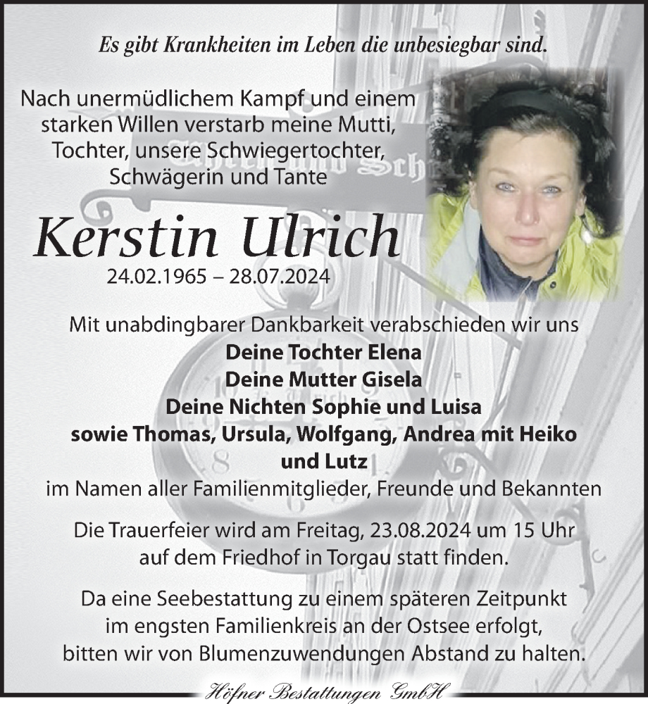  Traueranzeige für Kerstin Ulrich vom 03.08.2024 aus Torgauer Zeitung