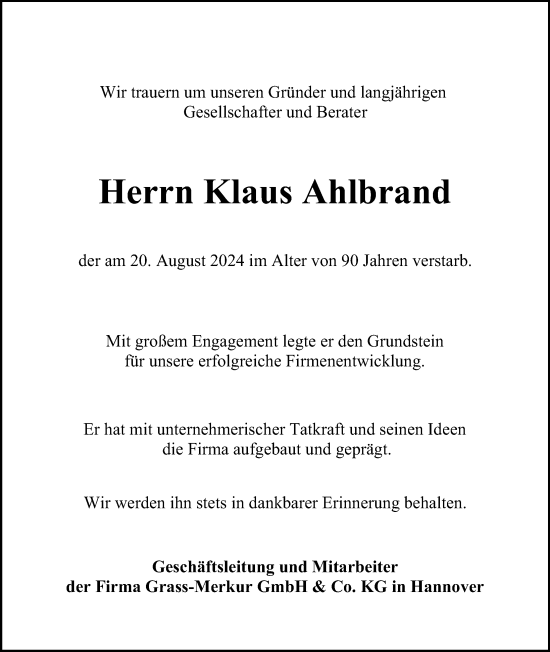 Traueranzeige von Klaus Ahlbrand von Hannoversche Allgemeine Zeitung/Neue Presse