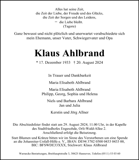 Traueranzeige von Klaus Ahlbrand von Hannoversche Allgemeine Zeitung/Neue Presse