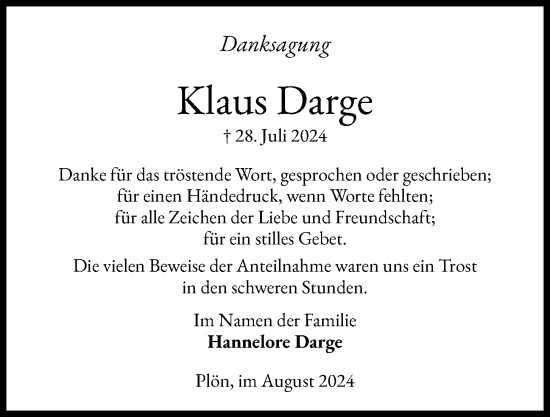 Traueranzeige von Klaus Darge von Kieler Nachrichten