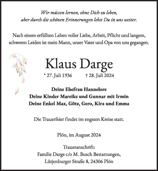 Traueranzeige von Klaus Darge von Kieler Nachrichten