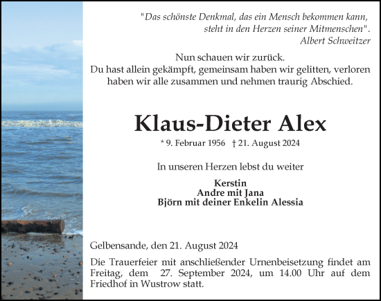 Traueranzeige von Klaus-Dieter Alex von Ostsee-Zeitung GmbH