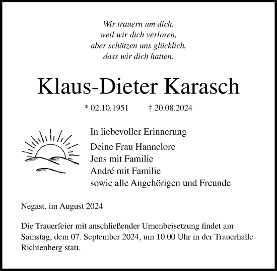 Traueranzeige von Klaus-Dieter Karasch von Ostsee-Zeitung GmbH