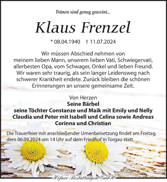 Traueranzeige von Klaus Frenzel von Torgauer Zeitung