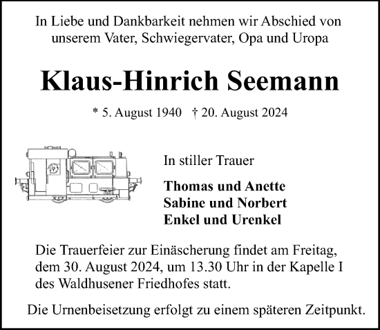 Traueranzeige von Klaus-Hinrich Seemann von Lübecker Nachrichten