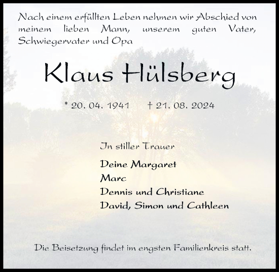 Traueranzeige von Klaus Hülsberg von Kieler Nachrichten