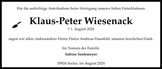 Traueranzeige von Klaus-Peter Wiesenack von Hannoversche Allgemeine Zeitung/Neue Presse