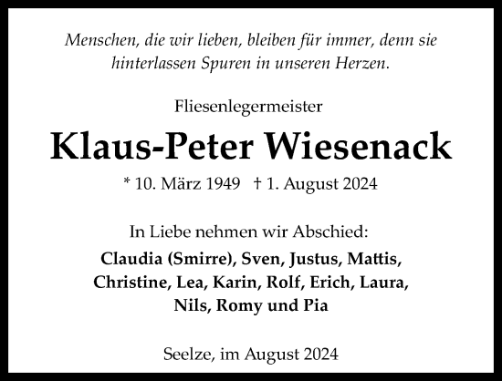 Traueranzeige von Klaus-Peter Wiesenack von Hannoversche Allgemeine Zeitung/Neue Presse