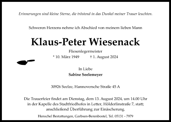 Traueranzeige von Klaus-Peter Wiesenack von Hannoversche Allgemeine Zeitung/Neue Presse