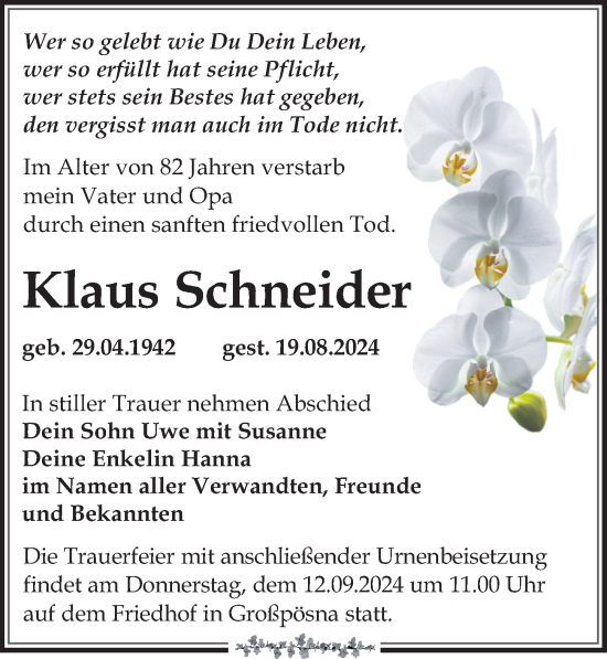 Traueranzeige von Klaus Schneider von Leipziger Volkszeitung