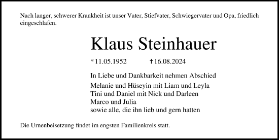 Traueranzeige von Klaus Steinhauer von Ostsee-Zeitung GmbH