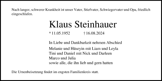 Traueranzeige von Klaus Steinhauer von Lübecker Nachrichten