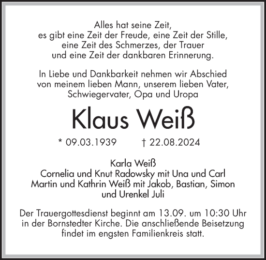 Traueranzeige von Klaus Weiß von Märkischen Allgemeine Zeitung