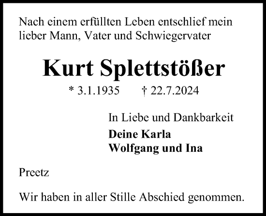 Traueranzeige von Kurt Splettstößer von Kieler Nachrichten