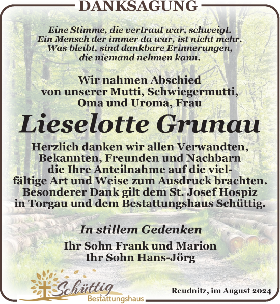 Traueranzeige von Lieselotte Grunau von Torgauer Zeitung