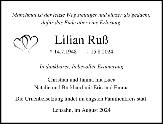 Traueranzeige von Lilian Ruß von Lübecker Nachrichten