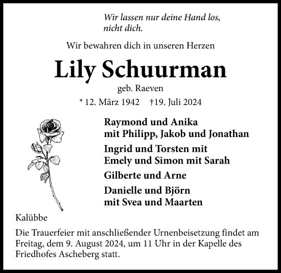 Traueranzeige von Lily Schuurman von Kieler Nachrichten