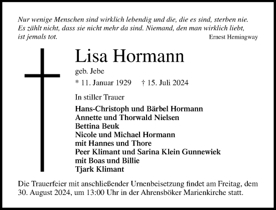 Traueranzeige von Lisa Hormann von Lübecker Nachrichten