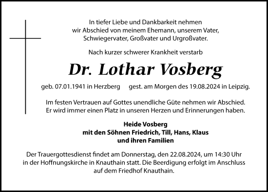 Traueranzeige von Lothar Vosberg von Leipziger Volkszeitung