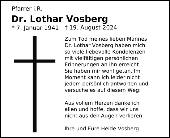 Traueranzeige von Lothar Vosberg von Leipziger Volkszeitung