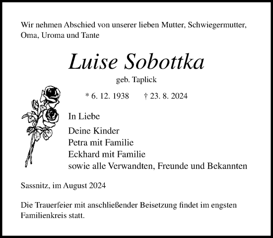 Traueranzeige von Luise Sobottka von Ostsee-Zeitung GmbH