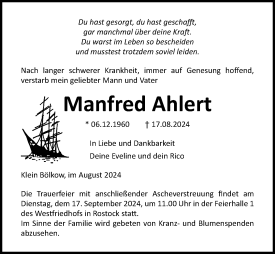 Traueranzeige von Manfred Ahlert von Ostsee-Zeitung GmbH