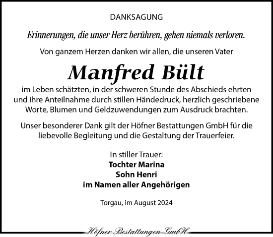 Traueranzeige von Manfred Bült von Torgauer Zeitung
