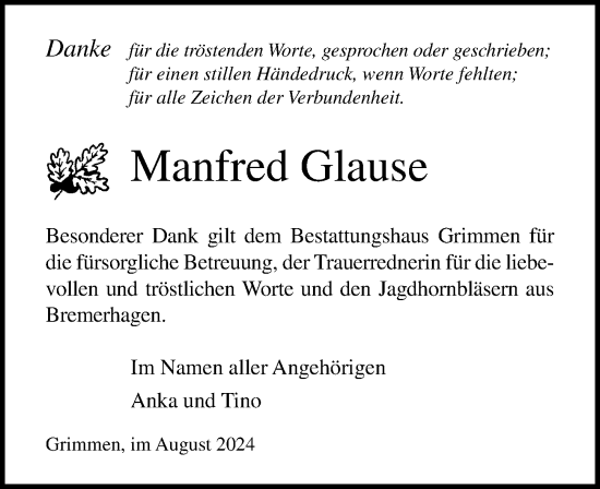 Traueranzeige von Manfred Glause von Ostsee-Zeitung GmbH