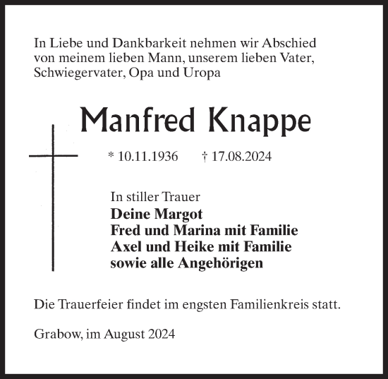 Traueranzeige von Manfred Knappe von Wochenspiegel