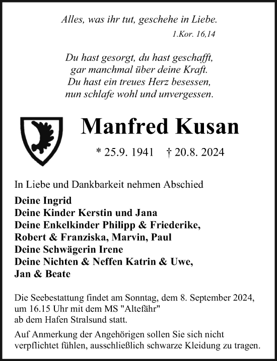 Traueranzeige von Manfred Kusan von Ostsee-Zeitung GmbH