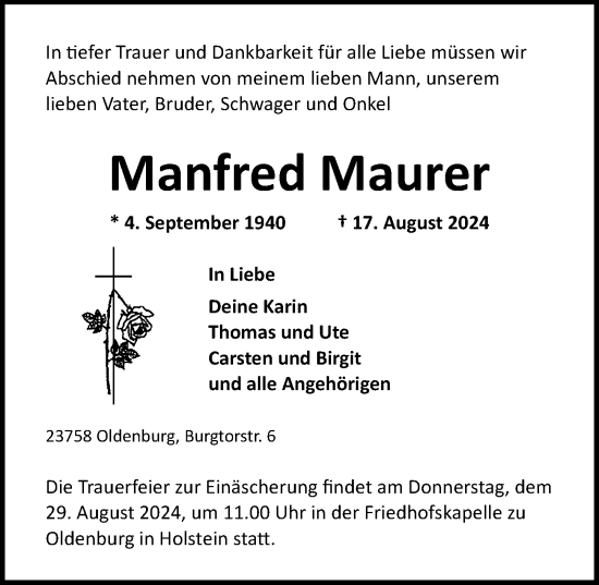 Traueranzeige von Manfred Maurer von Lübecker Nachrichten