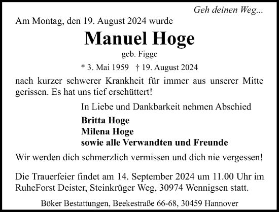 Traueranzeige von Manuel Hoge von Hannoversche Allgemeine Zeitung/Neue Presse