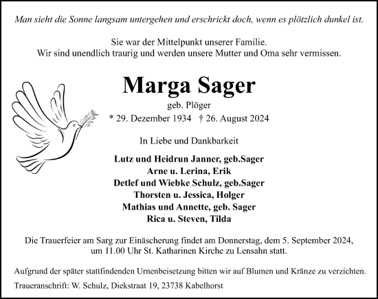 Traueranzeige von Marga Sager von Lübecker Nachrichten