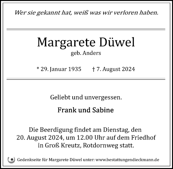 Traueranzeige von Margarete Düwel von Märkischen Allgemeine Zeitung