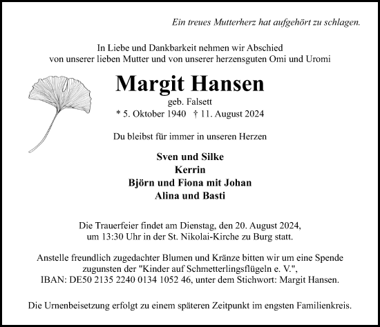 Traueranzeige von Margit Hansen von Lübecker Nachrichten