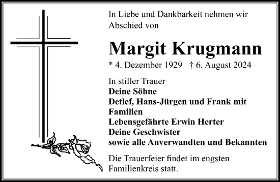 Traueranzeige von Margit Krugmann von Wochenspiegel