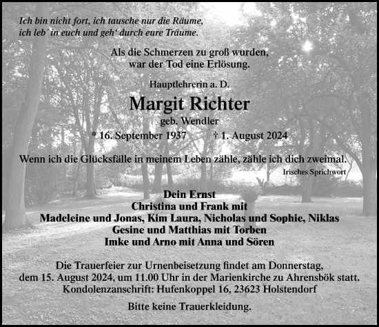 Traueranzeige von Margit Richter von Lübecker Nachrichten