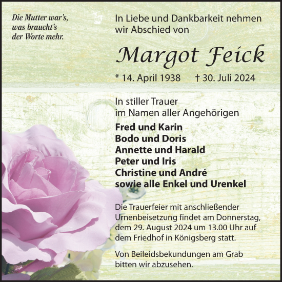 Traueranzeige von Margot Feick