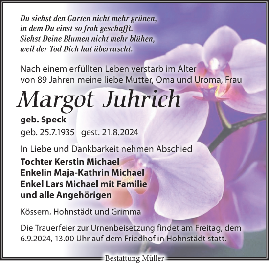 Traueranzeige von Margot Juhrich von Leipziger Volkszeitung