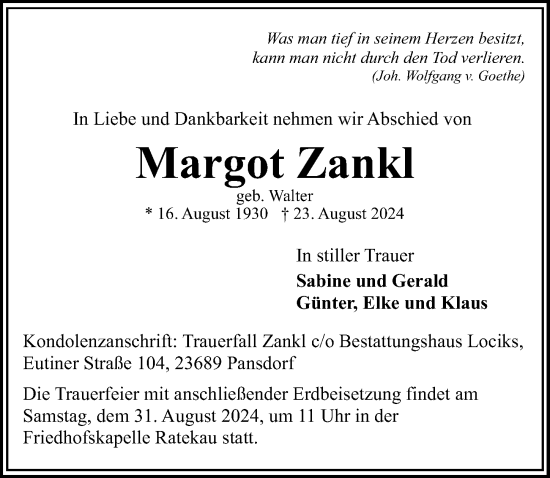 Traueranzeige von Margot Zankl von Lübecker Nachrichten