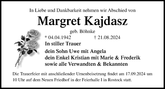 Traueranzeige von Margret Kajdasz von Ostsee-Zeitung GmbH