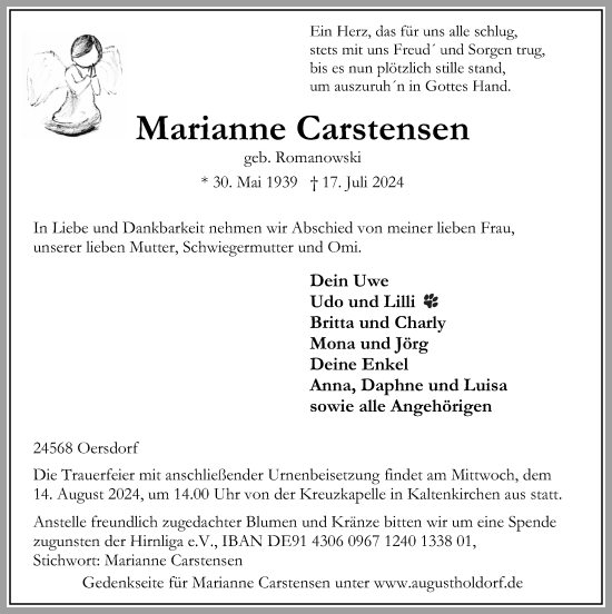 Traueranzeige von Marianne Carstensen von Kieler Nachrichten