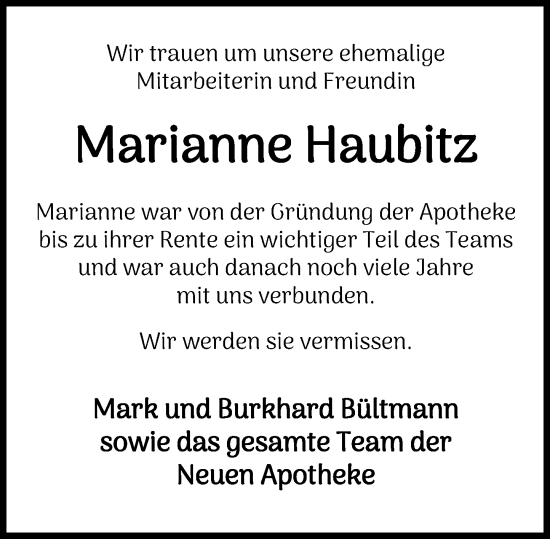 Traueranzeige von Marianne Haubitz von Schaumburger Nachrichten und Schaumburger Zeitung/ Landes-Zeitung