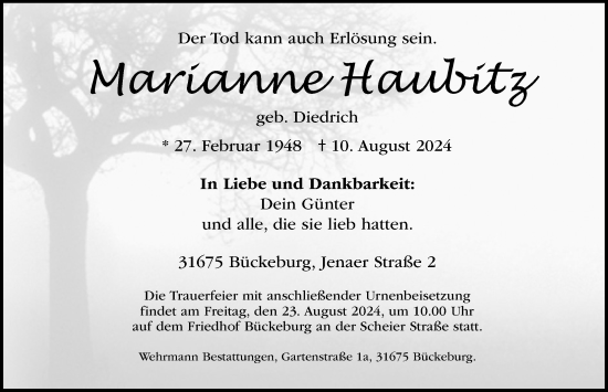 Traueranzeige von Marianne Haubitz von Schaumburger Nachrichten