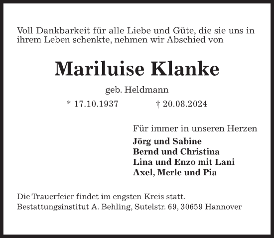 Traueranzeige von Mariluise Klanke von Hannoversche Allgemeine Zeitung/Neue Presse