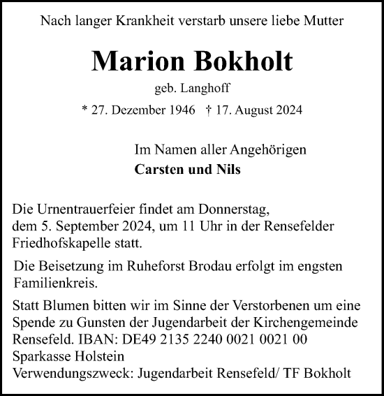 Traueranzeige von Marion Bokholt von Lübecker Nachrichten