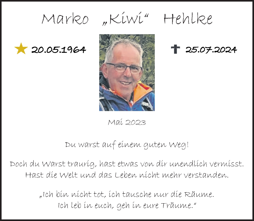  Traueranzeige für Marko Hehlke vom 10.08.2024 aus Göttinger Tageblatt