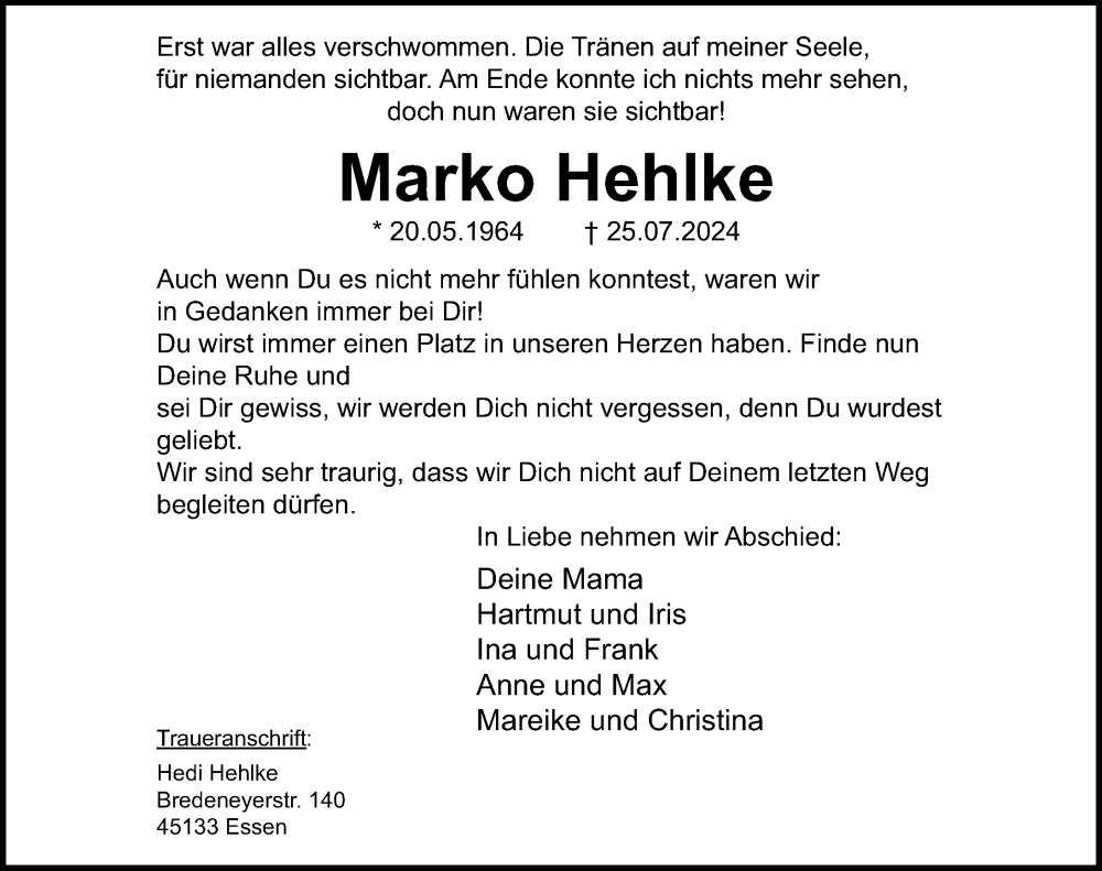  Traueranzeige für Marko Hehlke vom 17.08.2024 aus Göttinger Tageblatt