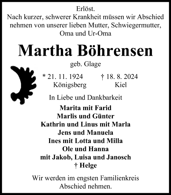 Traueranzeige von Martha Böhrensen von Kieler Nachrichten